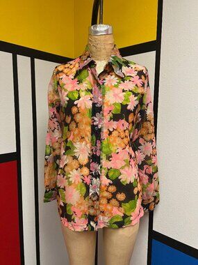 EUC Jubilee 70s Sheer Floral Neon Button Up Blouse Dress Shirt Medium